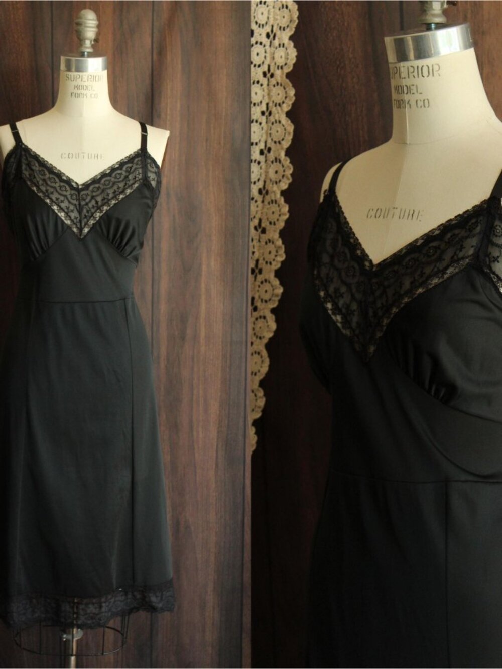 Vintage 1960s Nightgown, Volup Carol Brent Black Lace and Nylon Size 42